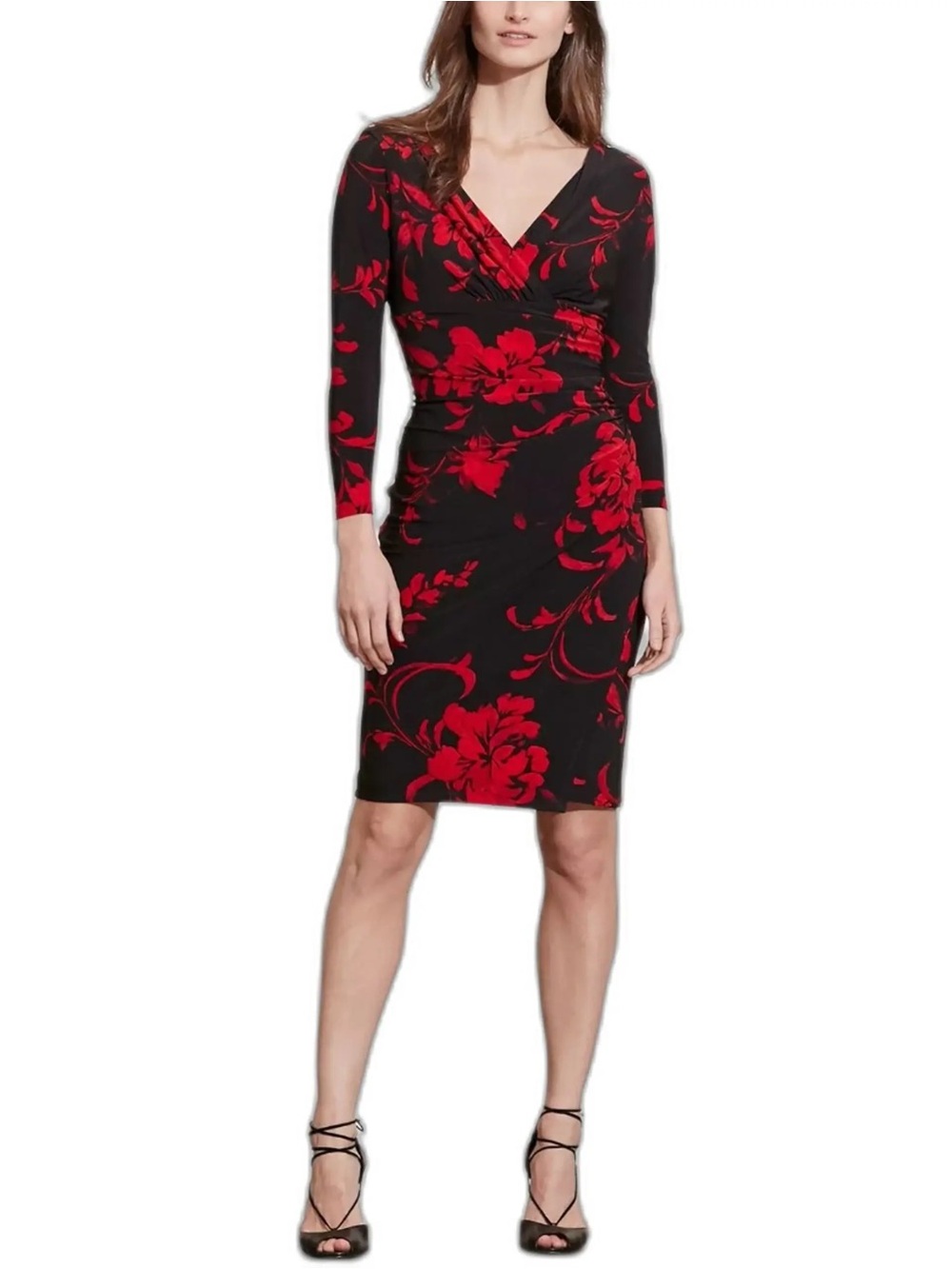 Lauren Ralph Lauren Faux Wrap Stretch Jersey Midi Dress Red & Black Floral 18W